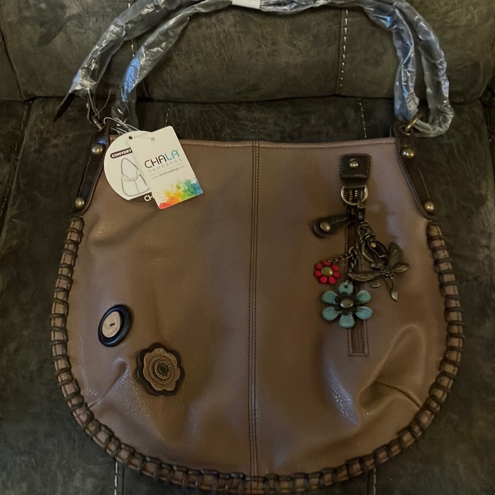BNWT Chala Brown Hobo Bag with Dragonfly with teal flowers.